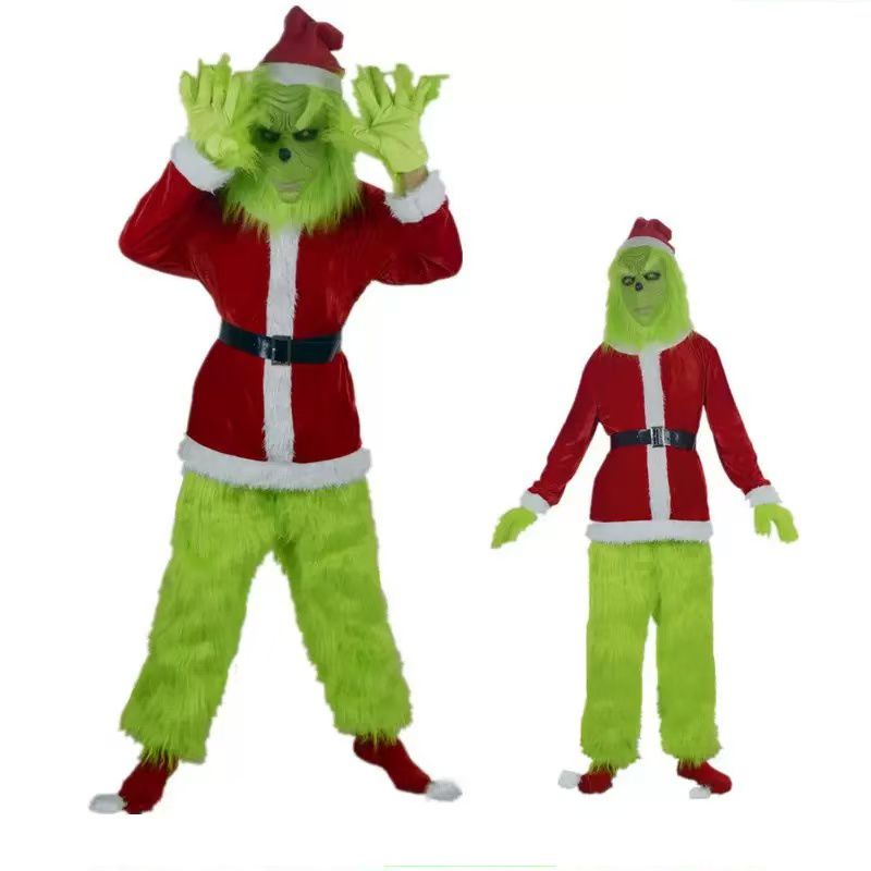 Santa Hat Plush - Frohe Weihnachten! Grinch-Kostüm, grüne Plüschmaske, Hose,