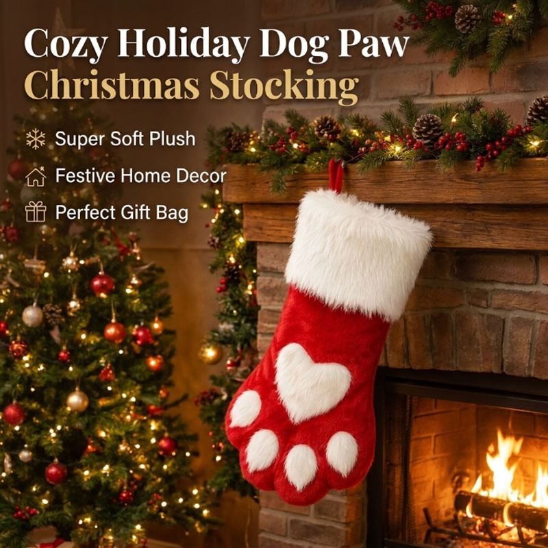 Christmas Stocking Hanging - Winter-Plüsch-Hundepfoten-Weihnachtsstrumpf, Samt-Geschenktüte, Hängedekoration für Zuhause, Weihnachtsfeier-Dekoration