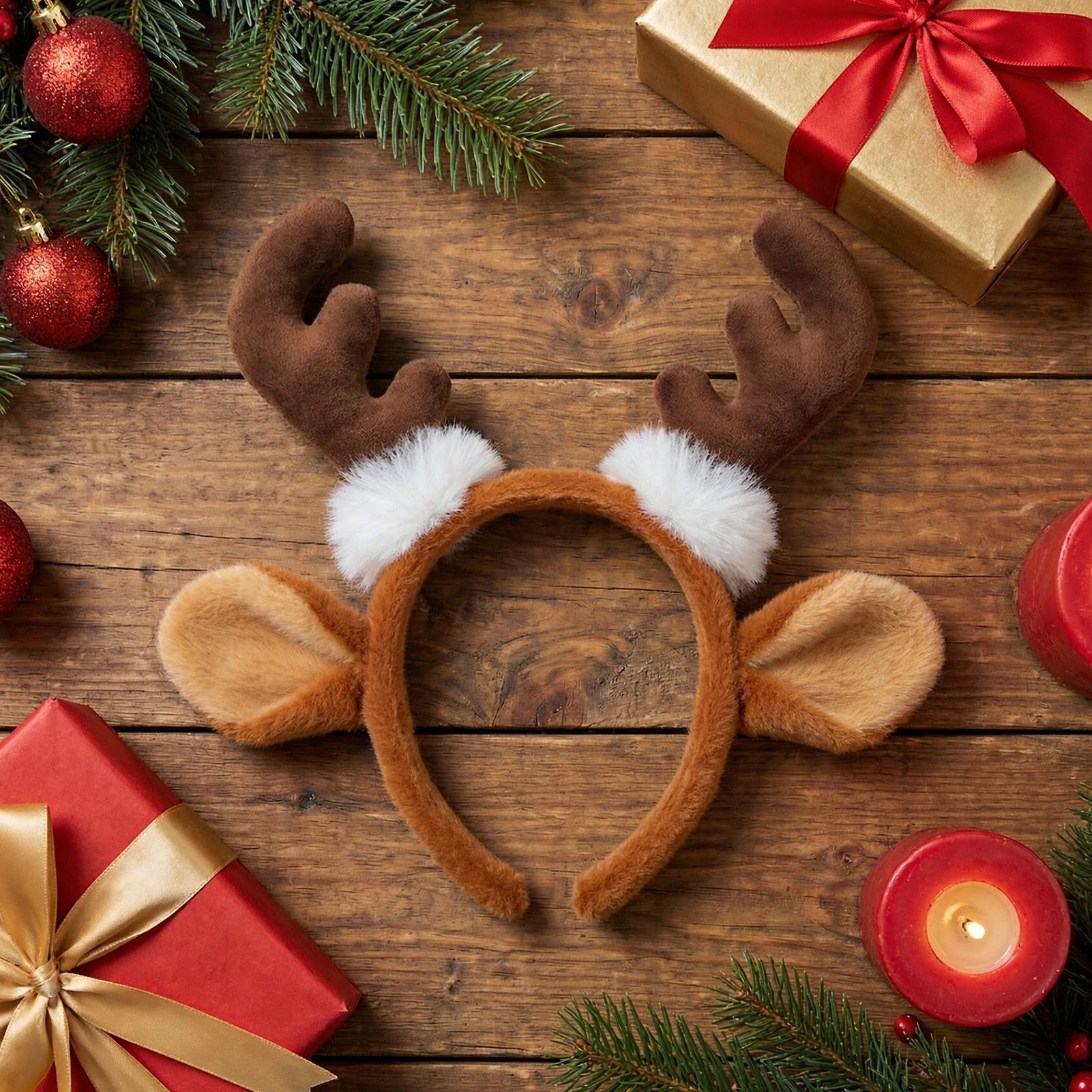 Reindeer Antlers Headband - Weihnachts-Rehgeweih-Stirnband, Cosplay-Hirschohr-Haarreif, Plüsch-Festliches Haaraccessoire mit Ohren,